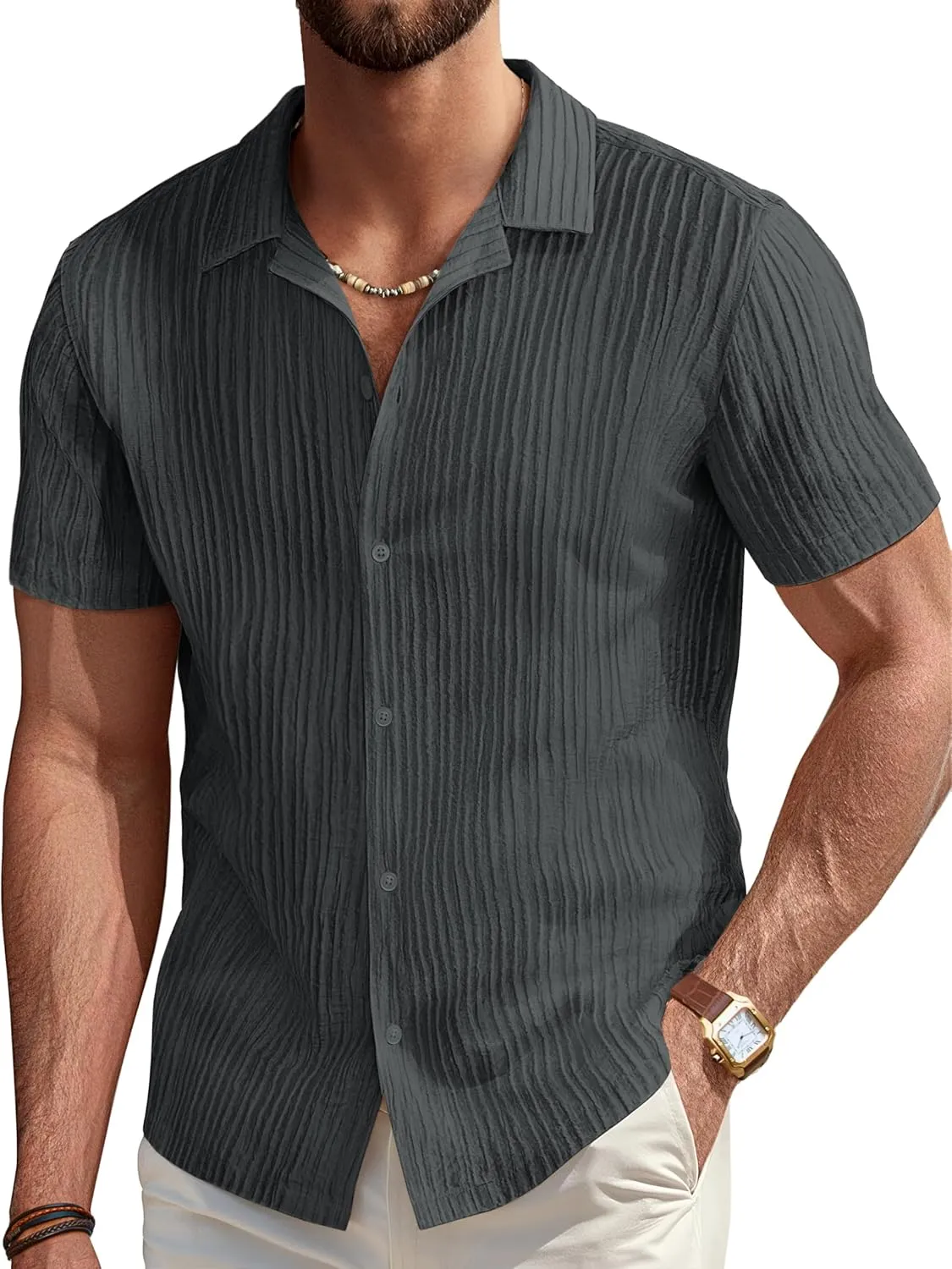 PJ PAUL JONES Mens Casual Shirts Summer Short Sleeve Textured Shirts Summer Cuban Collar Shirts