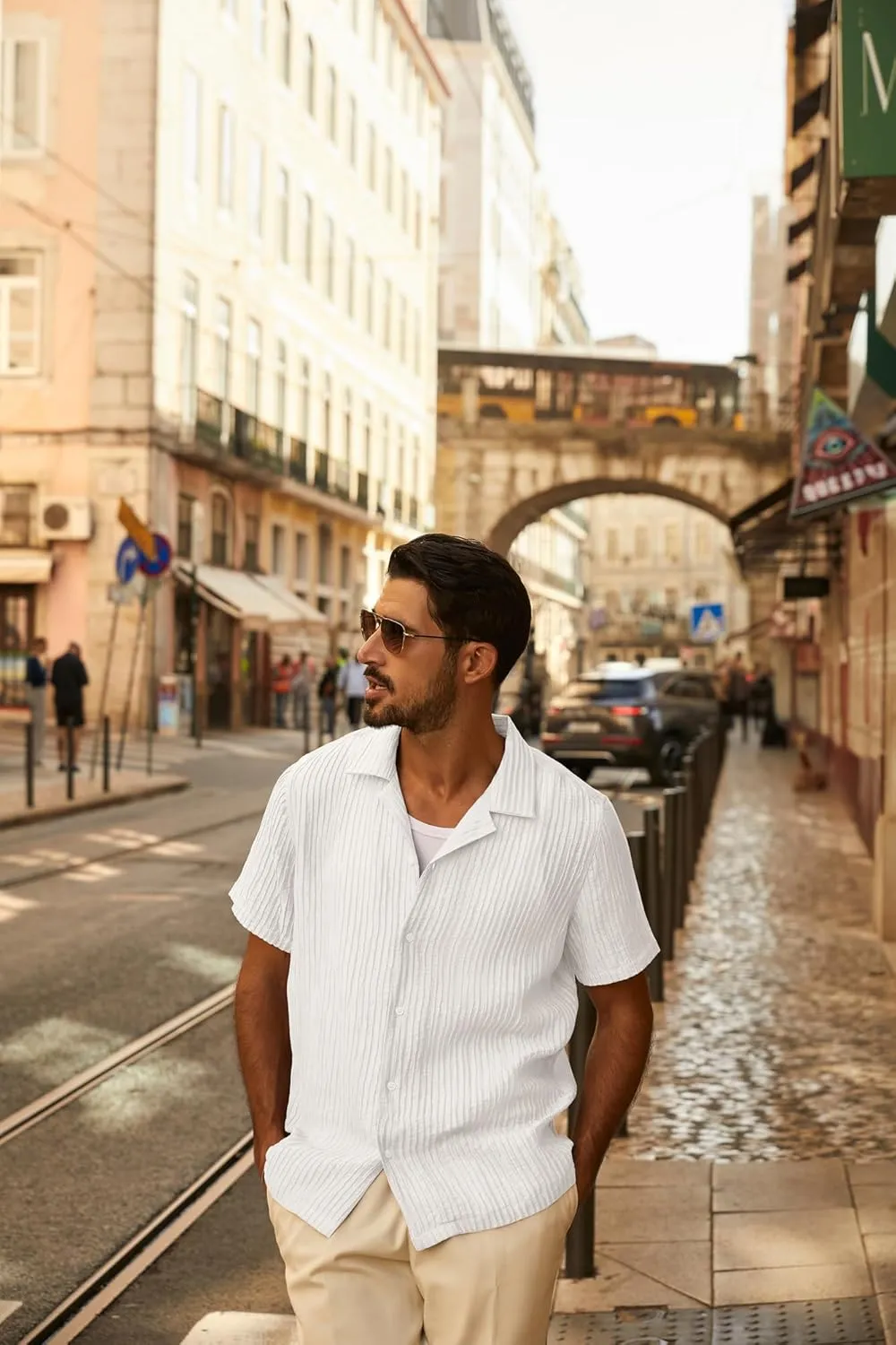 PJ PAUL JONES Mens Casual Shirts Summer Short Sleeve Textured Shirts Summer Cuban Collar Shirts