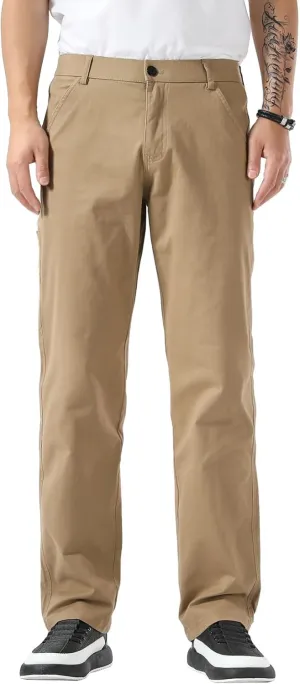 Plaid&Plain Men's Khaki Pants Stretchy Straight Fit with Side Pocket and Elastic Waistband