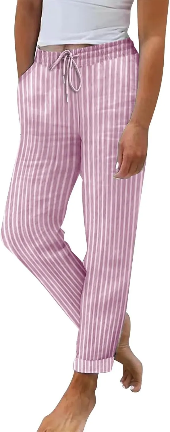 Plus Size Linen Pants for Women's Summer Casual Stripe Drawstring High Waisted Trouser Loose Vacation Lounge Trousers