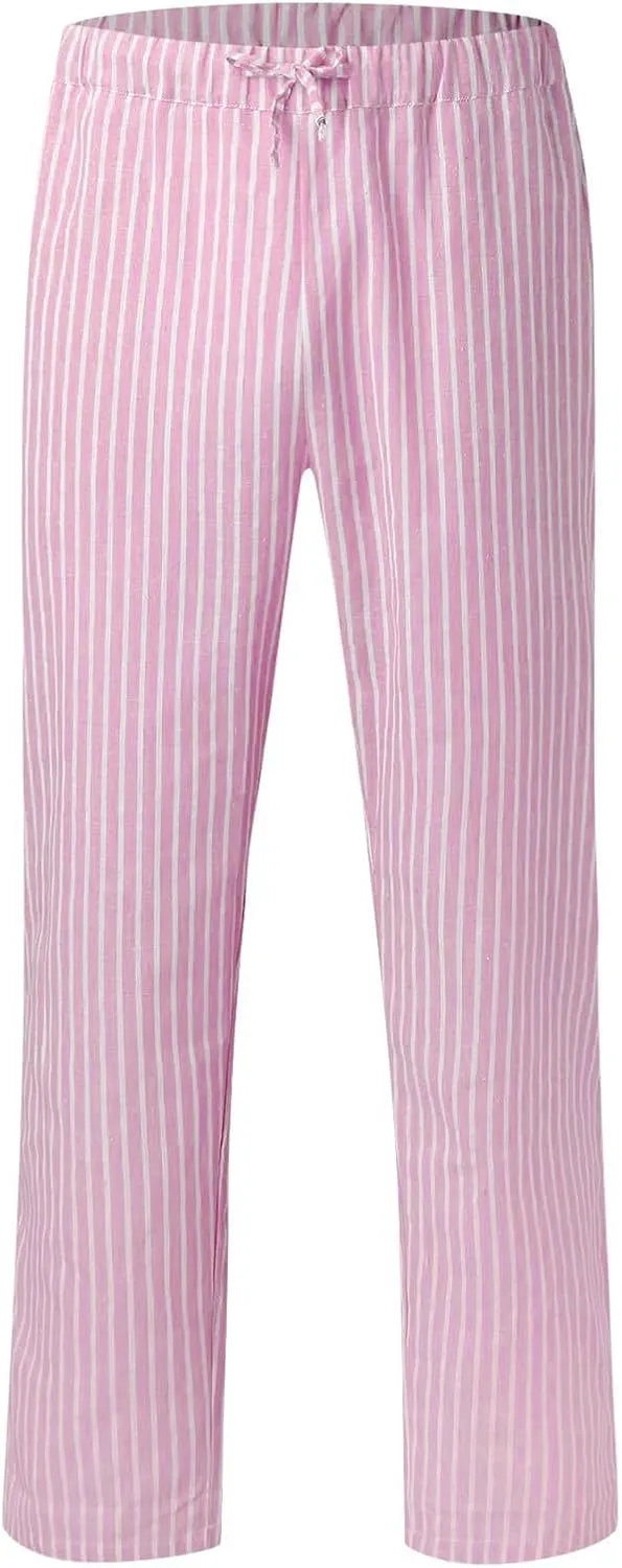 Plus Size Linen Pants for Women's Summer Casual Stripe Drawstring High Waisted Trouser Loose Vacation Lounge Trousers