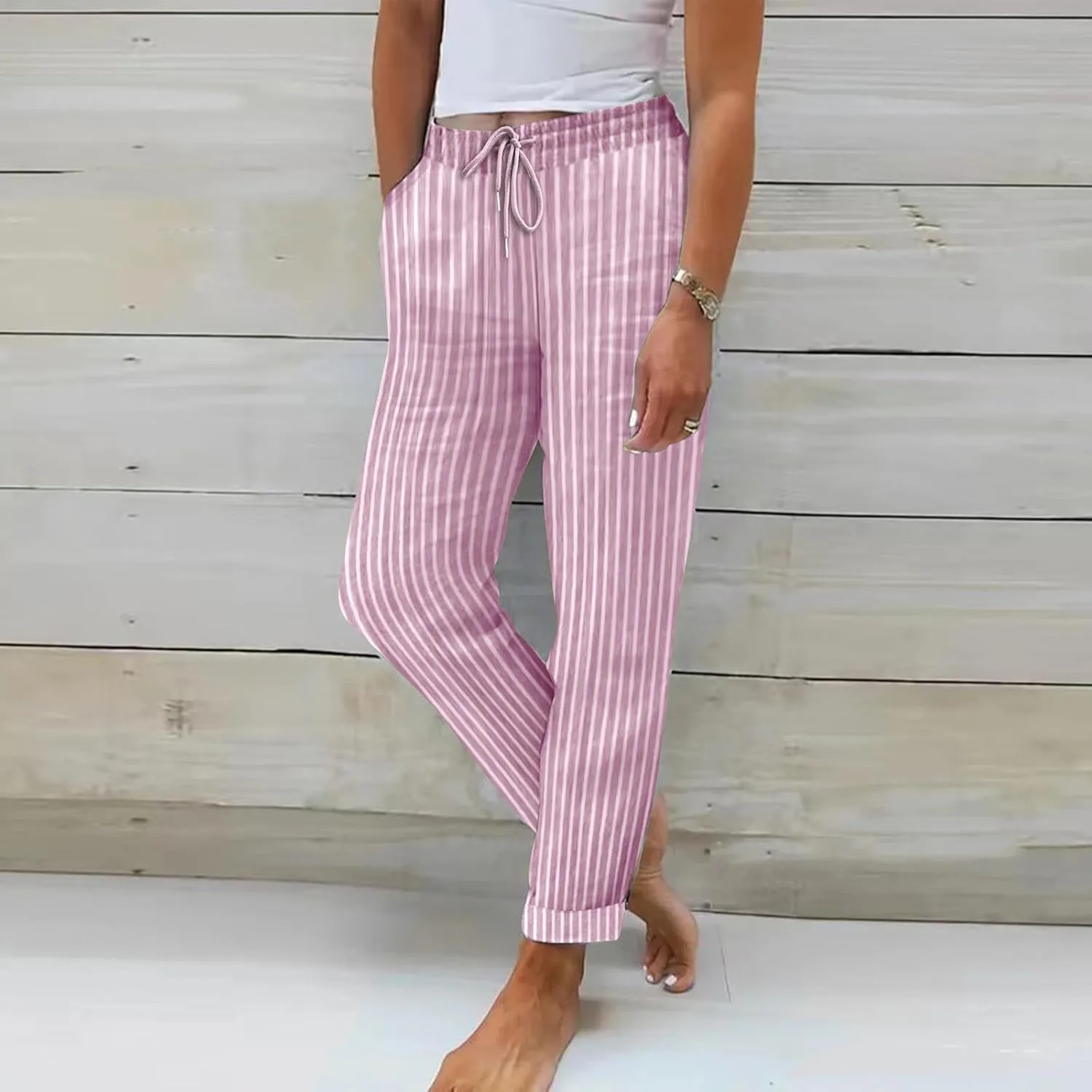 Plus Size Linen Pants for Women's Summer Casual Stripe Drawstring High Waisted Trouser Loose Vacation Lounge Trousers