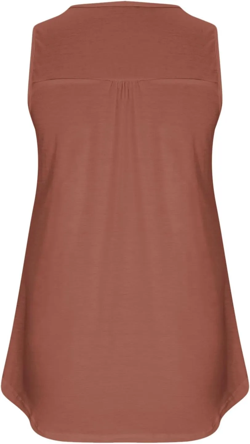 Plus Size Tank Tops for Women Summer V-neck Sleeveless Solid Shirts Buttons Up Loose Fit Pleated Flowy Tunic Blouse