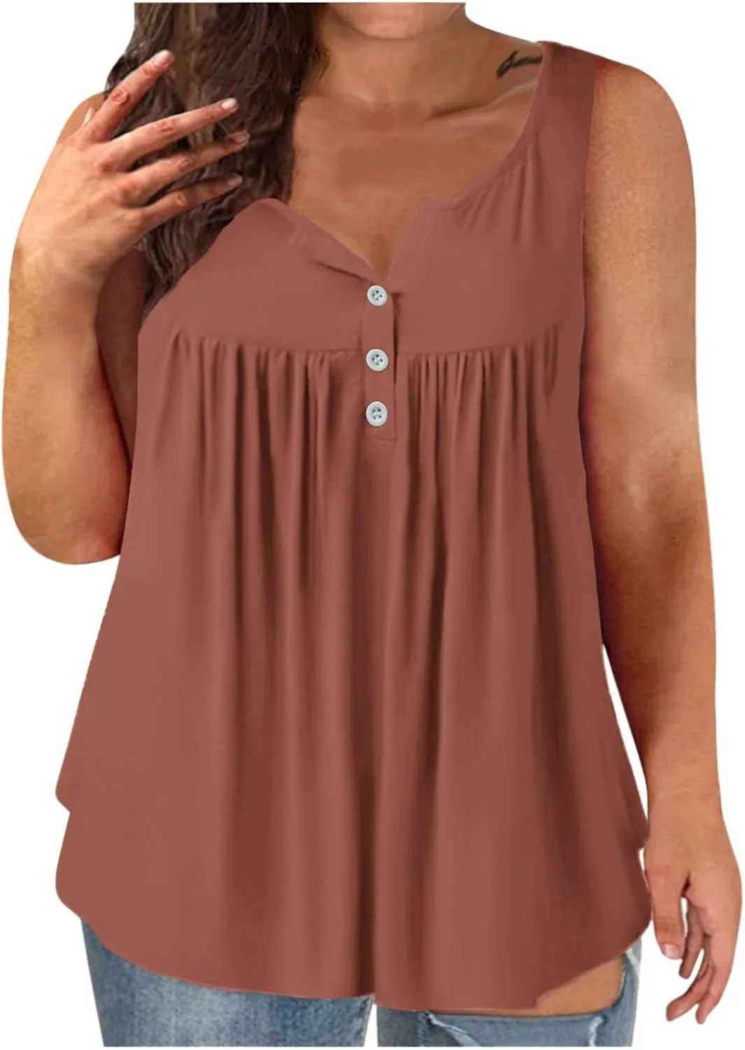 Plus Size Tank Tops for Women Summer V-neck Sleeveless Solid Shirts Buttons Up Loose Fit Pleated Flowy Tunic Blouse