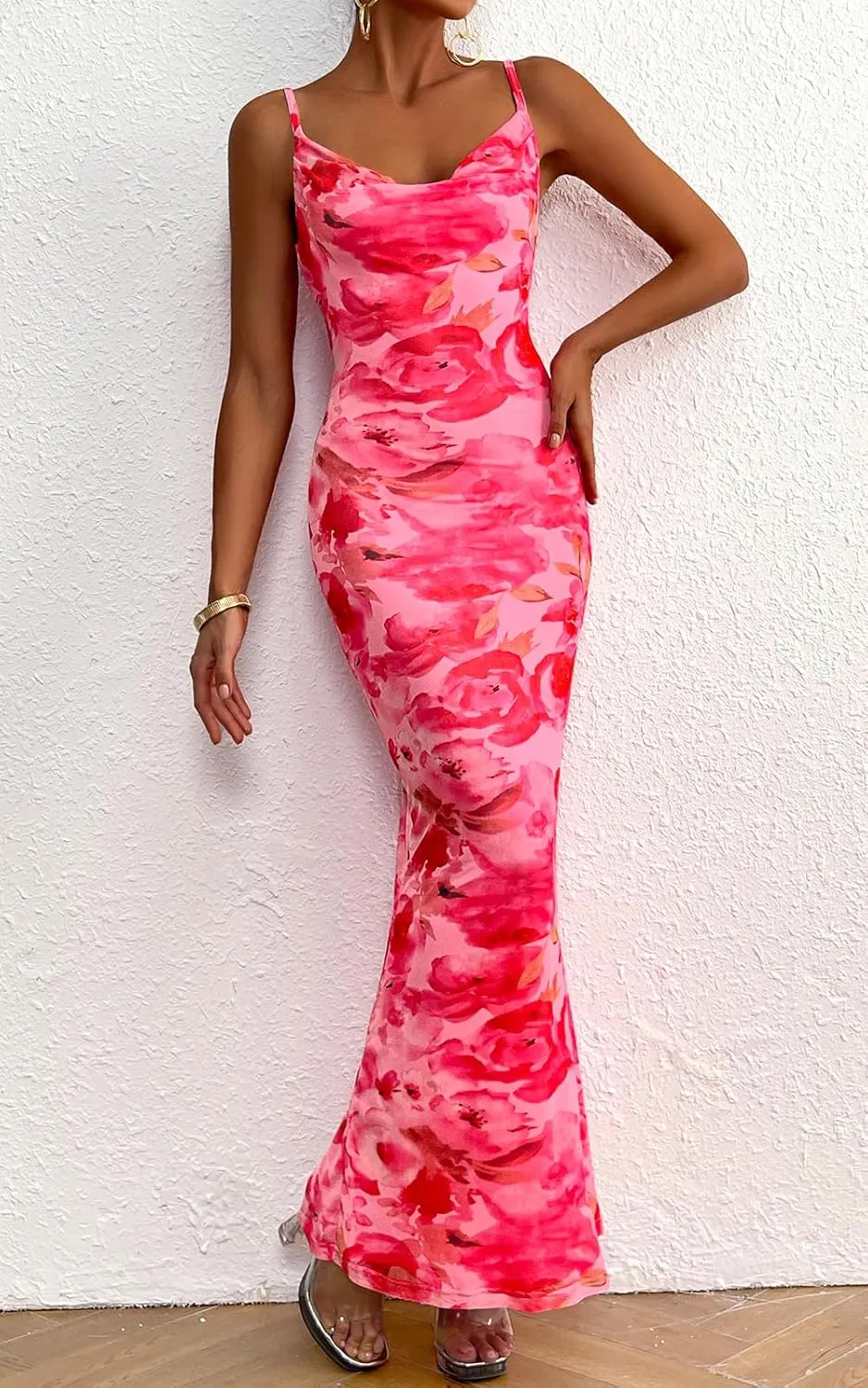 PRETTYGARDEN Women's 2025 Summer Floral Spaghetti Strap Maxi Dress Stretch Sexy Bodycon Dress Backless Slip Long Dresses