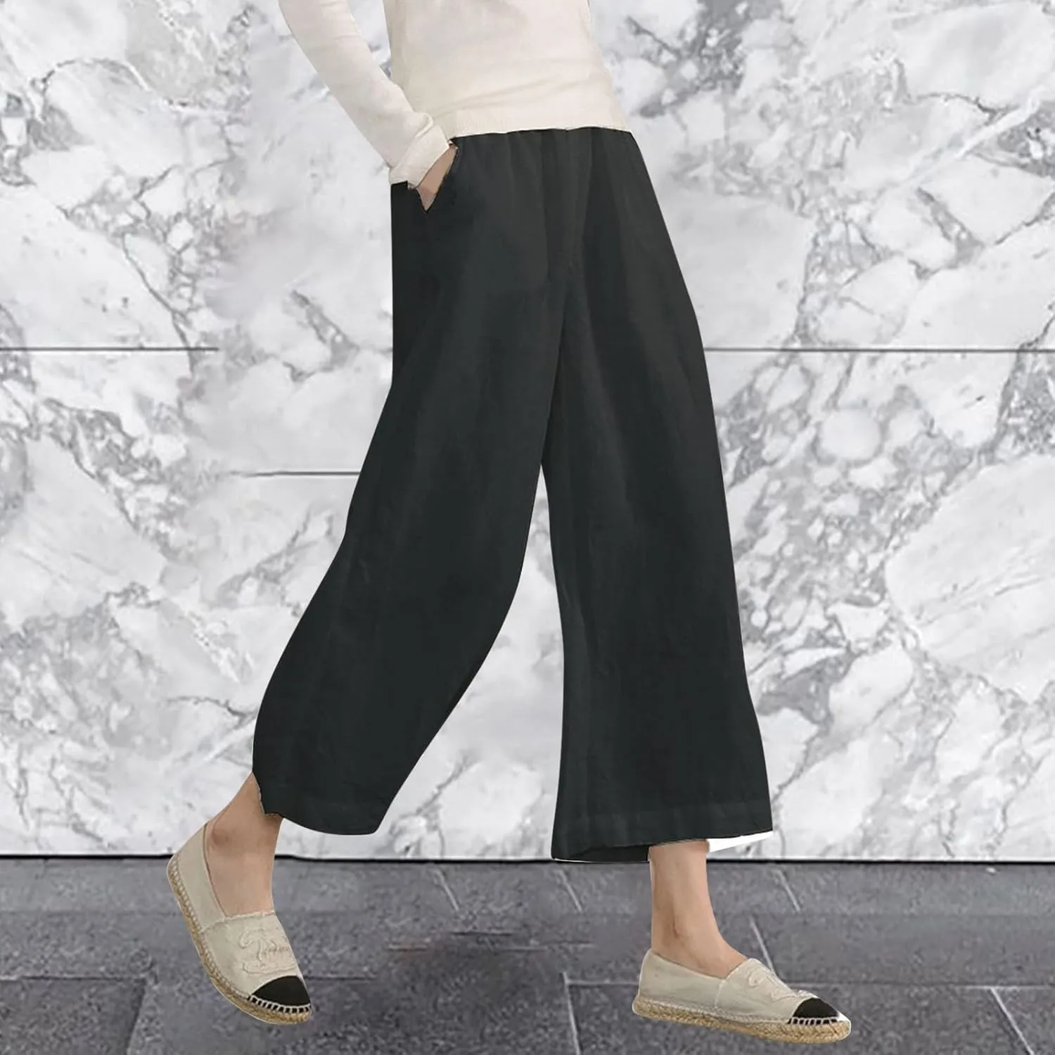 PTOLOCIF Linen Beach Pants Women,Cotton Linen Palazzo Pants Drawstring Elastic Waist Beach Pants Wide Leg Dress Pants