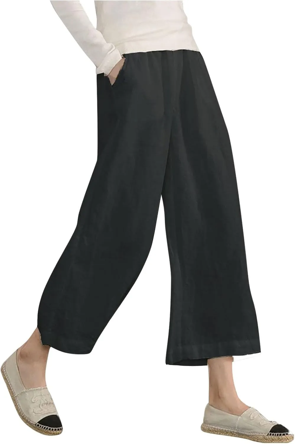 PTOLOCIF Linen Beach Pants Women,Cotton Linen Palazzo Pants Drawstring Elastic Waist Beach Pants Wide Leg Dress Pants