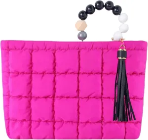 Puffy Makeup Bag Quilted Pouch Puffer Make Up Bag for Purse Cosmetic Bag for Women (Hot Pink)