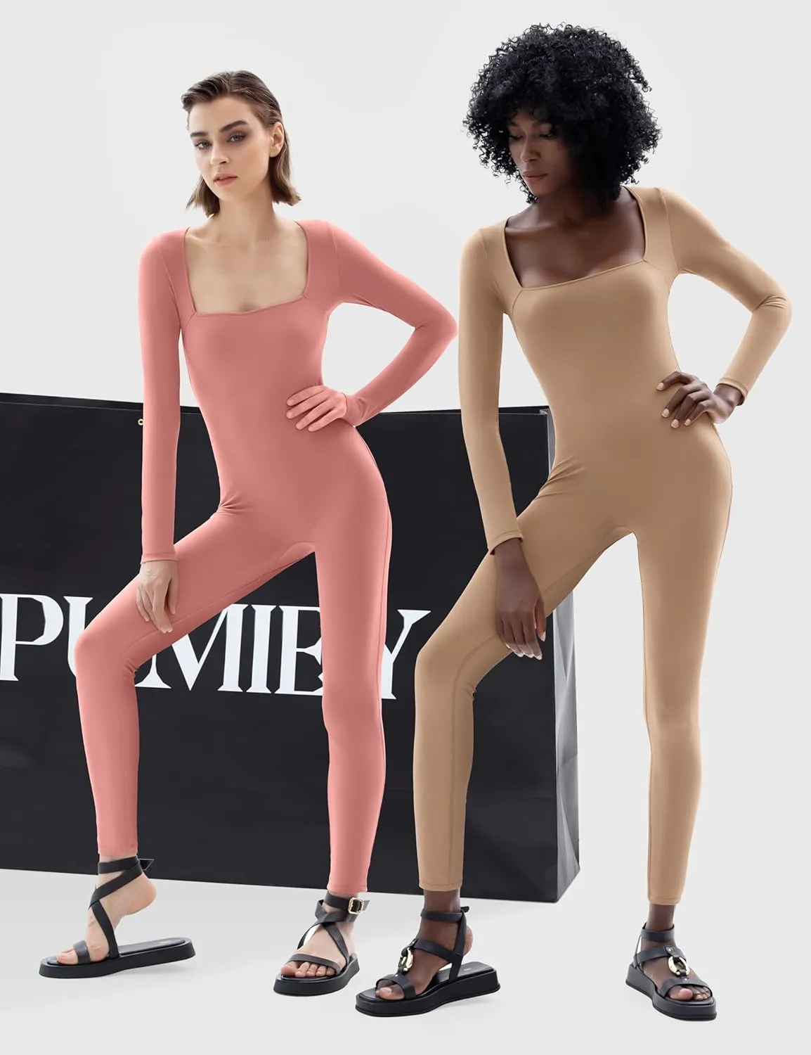 PUMIEY Jumpsuits for Women Square Neck Long Sleeve Bodycon Unitard One Piece Outfits Chill Collection