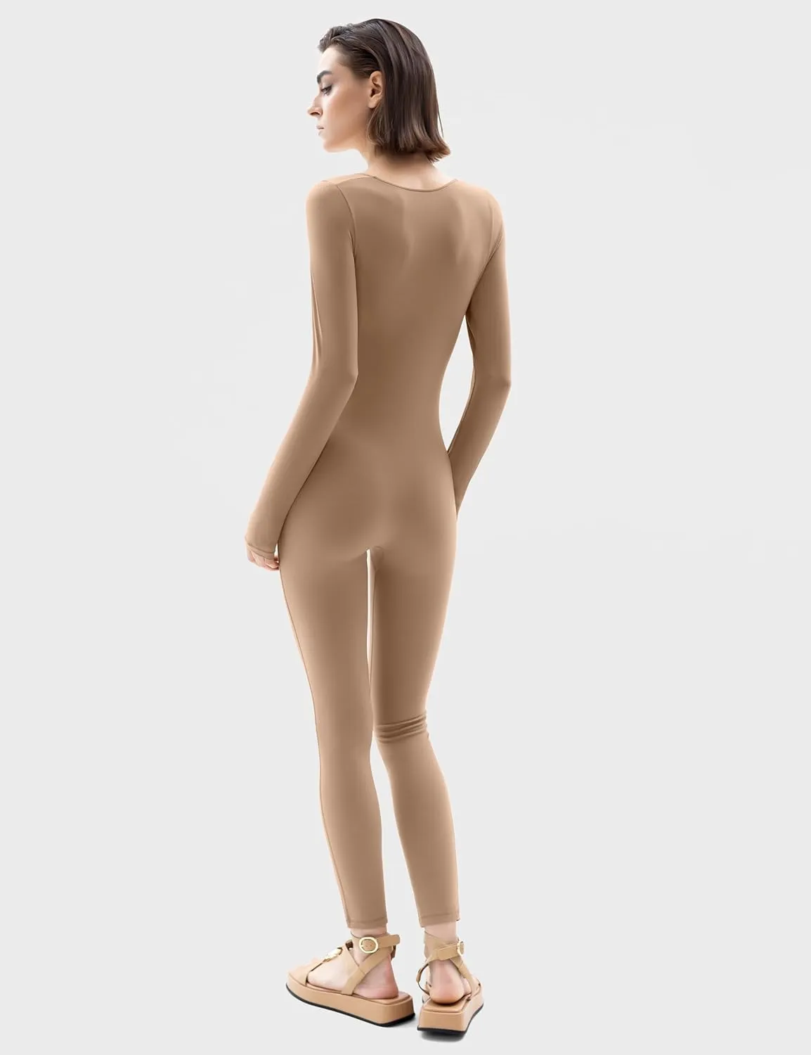 PUMIEY Jumpsuits for Women Square Neck Long Sleeve Bodycon Unitard One Piece Outfits Chill Collection