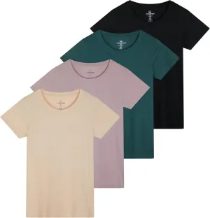 Real Essentials 4 Pack: Women's Classic-Fit Cotton Short-Sleeve Scoop Crew Neck T-Shirt (Available in Plus Size)