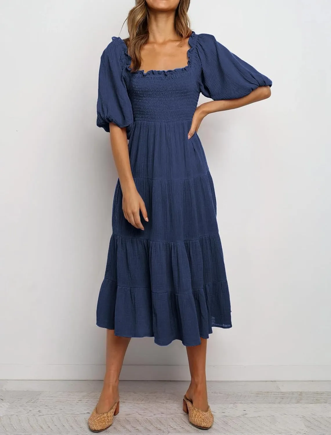 R.Vivimos Women's Summer Cotton Lantern Sleeves Ruffled Off Shoulder A-Line Midi Dresses