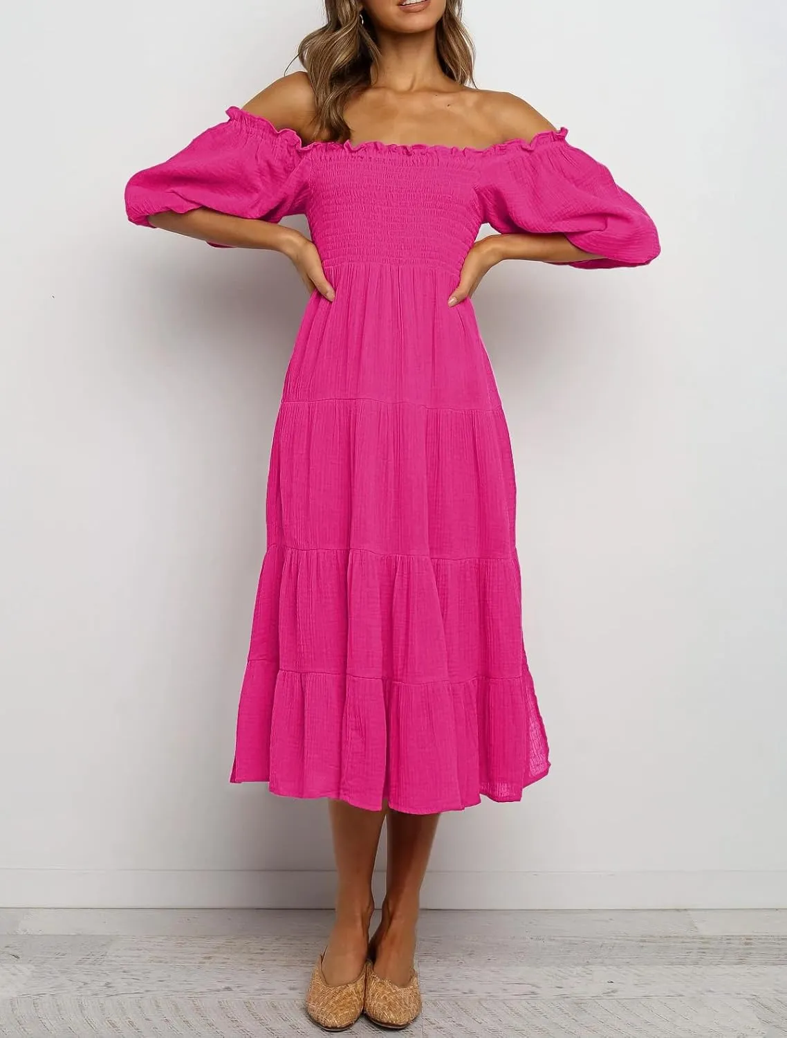 R.Vivimos Women's Summer Cotton Lantern Sleeves Ruffled Off Shoulder A-Line Midi Dresses