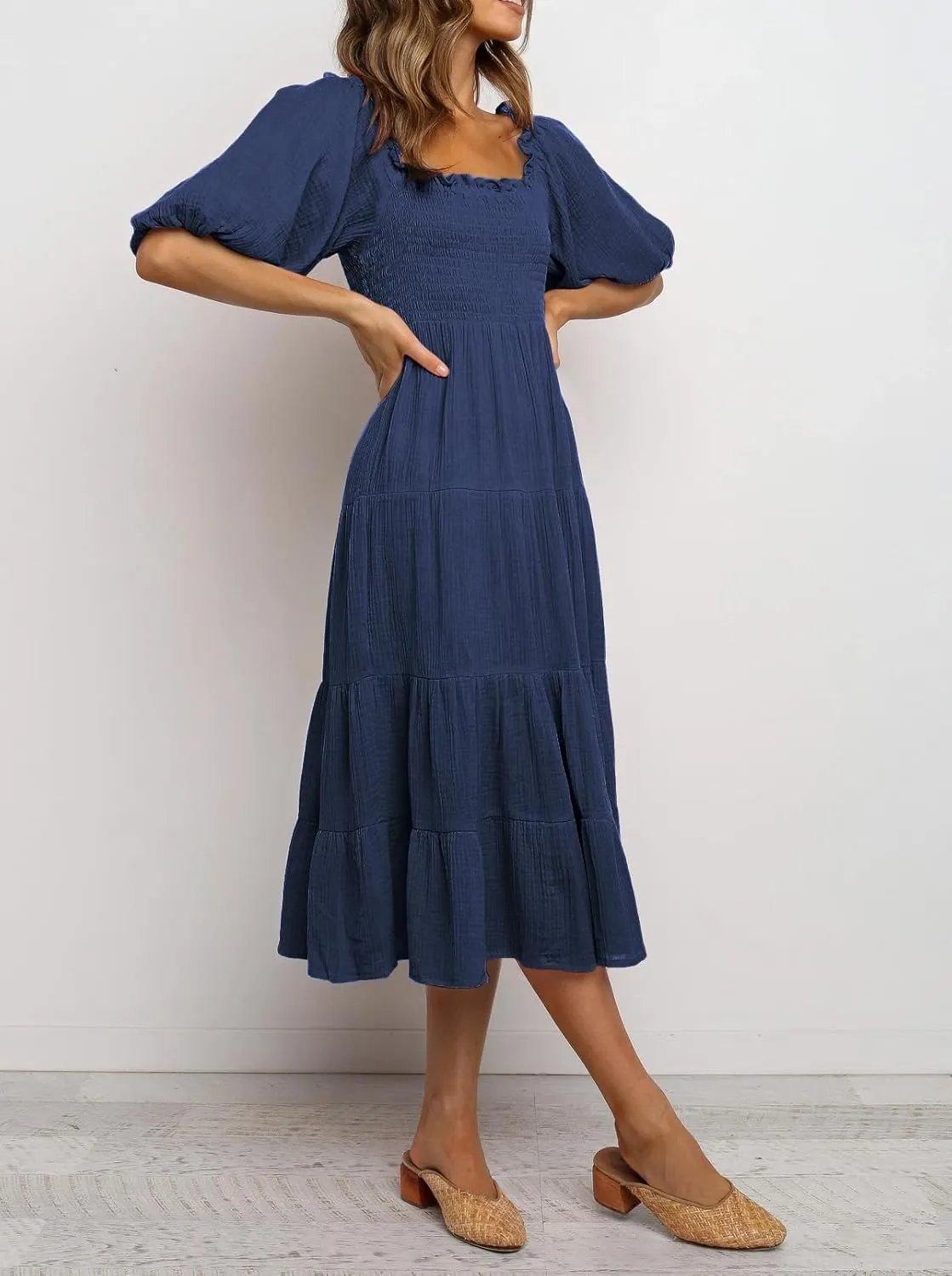 R.Vivimos Women's Summer Cotton Lantern Sleeves Ruffled Off Shoulder A-Line Midi Dresses