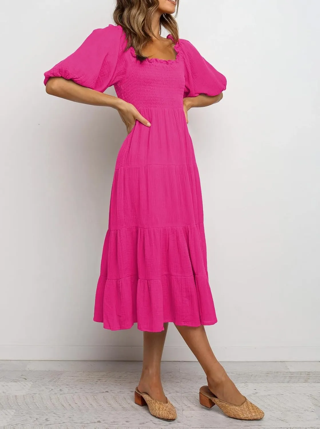 R.Vivimos Women's Summer Cotton Lantern Sleeves Ruffled Off Shoulder A-Line Midi Dresses