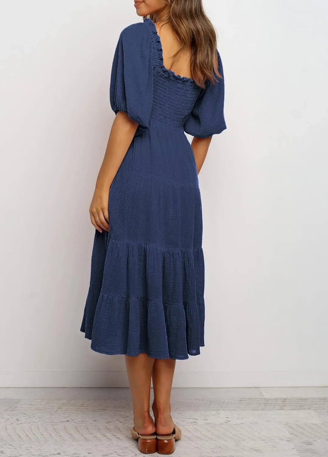 R.Vivimos Women's Summer Cotton Lantern Sleeves Ruffled Off Shoulder A-Line Midi Dresses