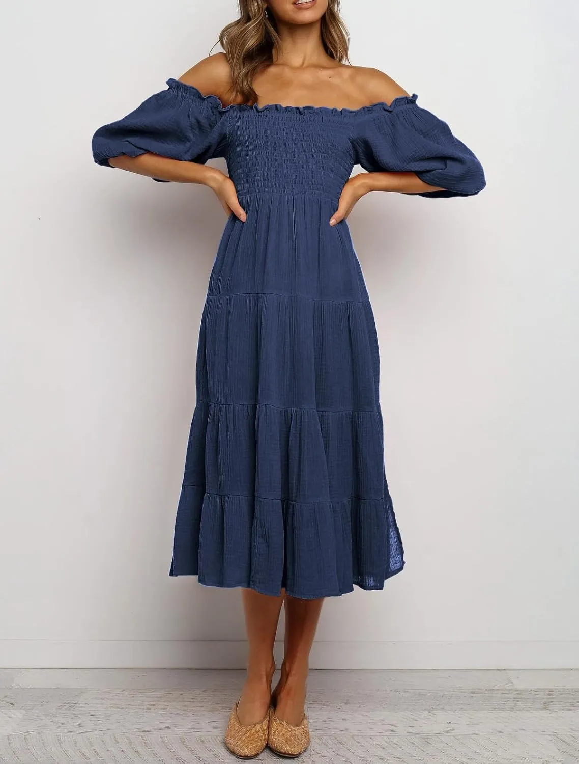 R.Vivimos Women's Summer Cotton Lantern Sleeves Ruffled Off Shoulder A-Line Midi Dresses