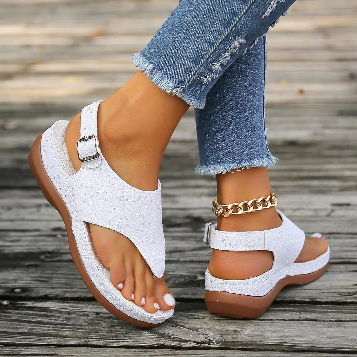 Sandals Women Open Toe Cross Sparkly Strap Comfortable Womens Sandals Flats Summer Dress Orthopedic Platform Sandals