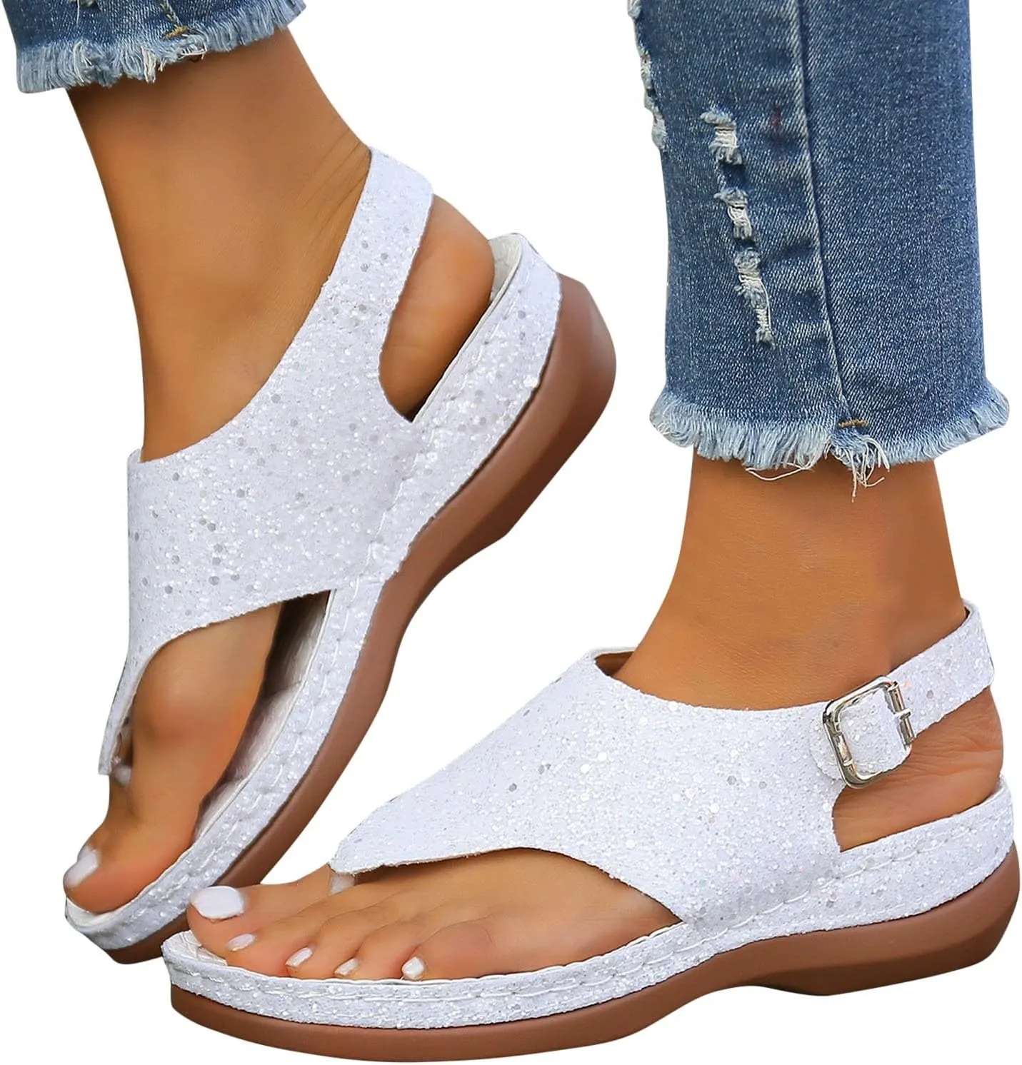Sandals Women Open Toe Cross Sparkly Strap Comfortable Womens Sandals Flats Summer Dress Orthopedic Platform Sandals