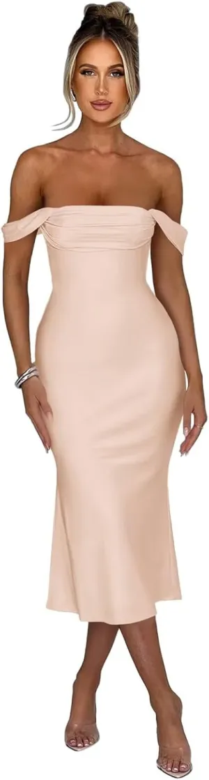 Satin Mermaid Prom Dresses Off Shoulder Bridesmaid Dresses Midi Formal Evening Party Gowns