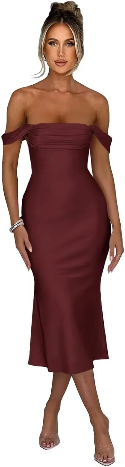 Satin Mermaid Prom Dresses Off Shoulder Bridesmaid Dresses Midi Formal Evening Party Gowns