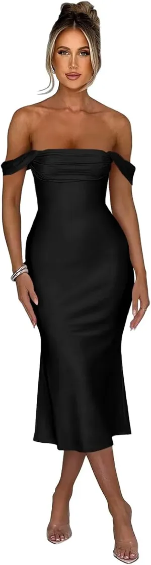 Satin Mermaid Prom Dresses Off Shoulder Bridesmaid Dresses Midi Formal Evening Party Gowns