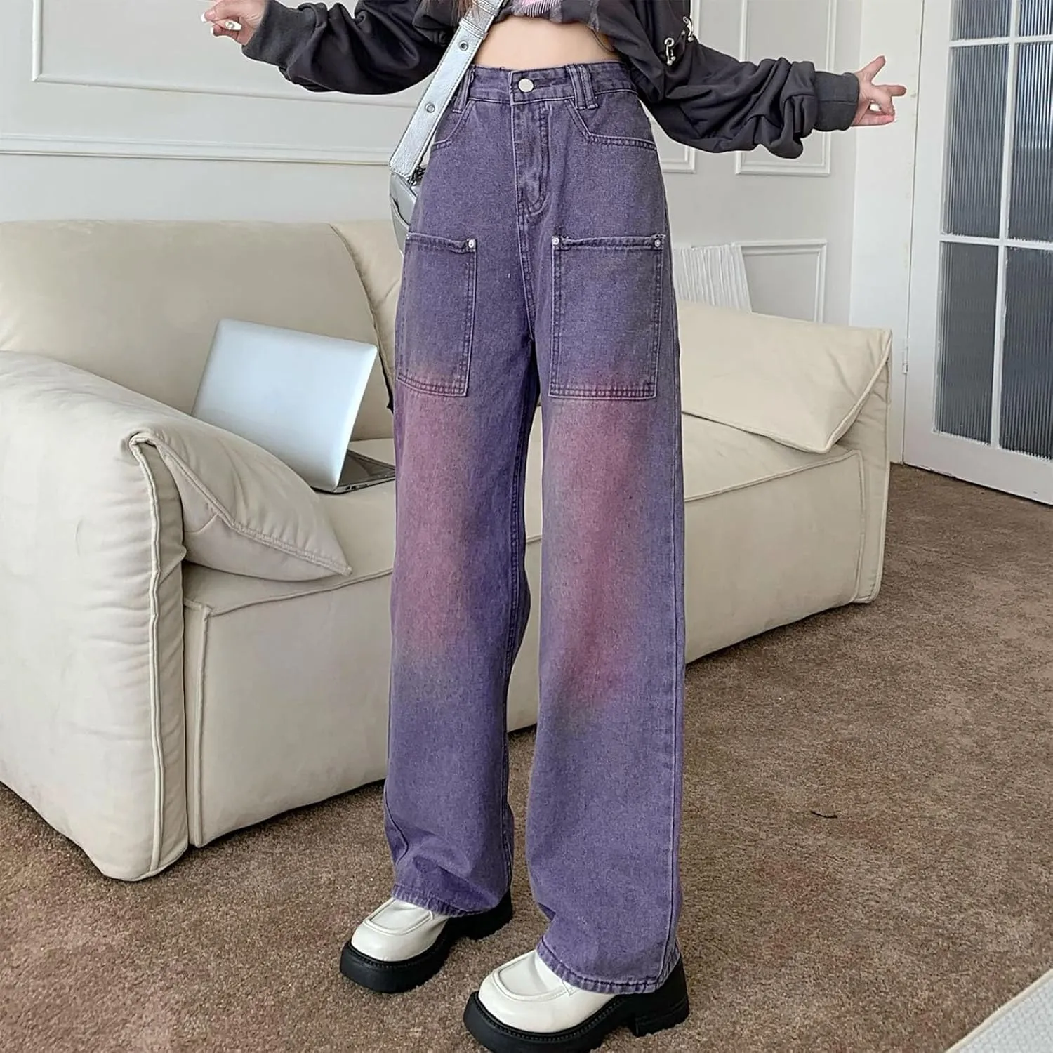 sdbrld Barrel Jeans Women,Womens Baggy Mid Rise Jeans Wide Leg Boyfriend Denim Harem Cropped Pants Vintage Barrel Jeans Y2k