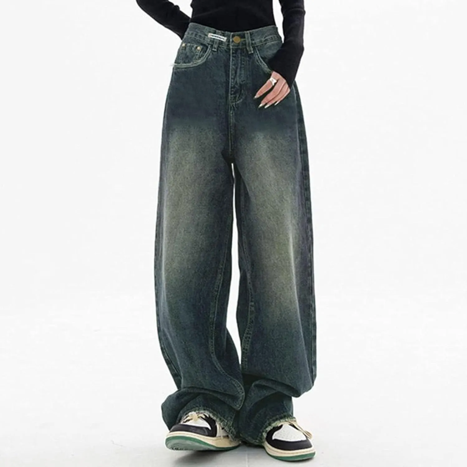 sdbrld Barrel Jeans Women,Womens Baggy Mid Rise Jeans Wide Leg Boyfriend Denim Harem Cropped Pants Vintage Barrel Jeans Y2k