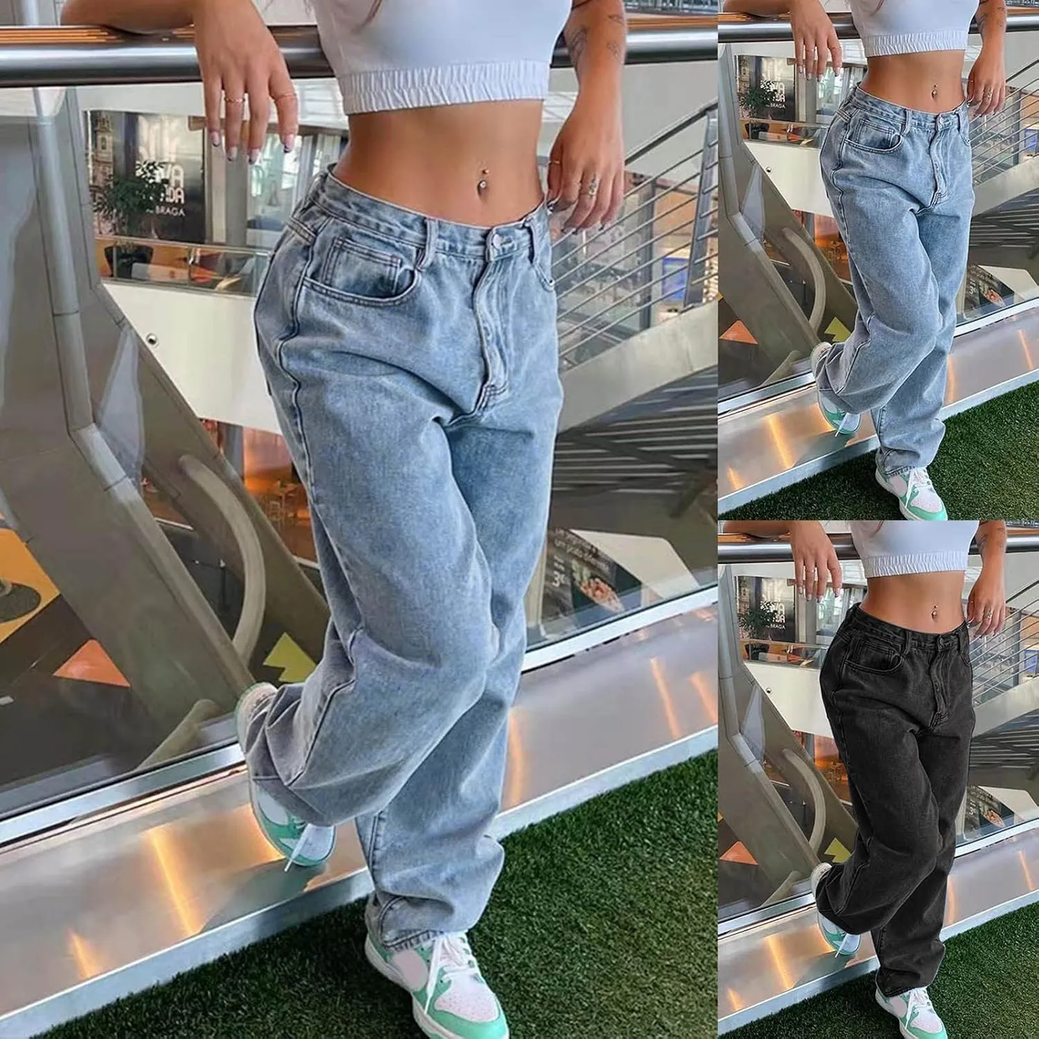 sdbrld Barrel Jeans Women,Womens Baggy Mid Rise Jeans Wide Leg Boyfriend Denim Harem Cropped Pants Vintage Barrel Jeans Y2k