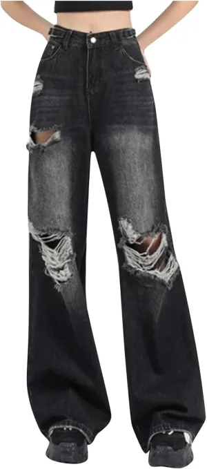 sdbrld Jeans for Women Baggy,Womens Mid Rise Jeans Wide Leg Loose Boyfriend Denim Harem Cropped Pant Vintage Barrel Jeans Y2k