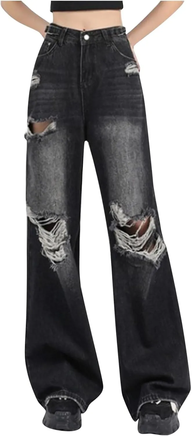 sdbrld Jeans for Women Baggy,Womens Mid Rise Jeans Wide Leg Loose Boyfriend Denim Harem Cropped Pant Vintage Barrel Jeans Y2k
