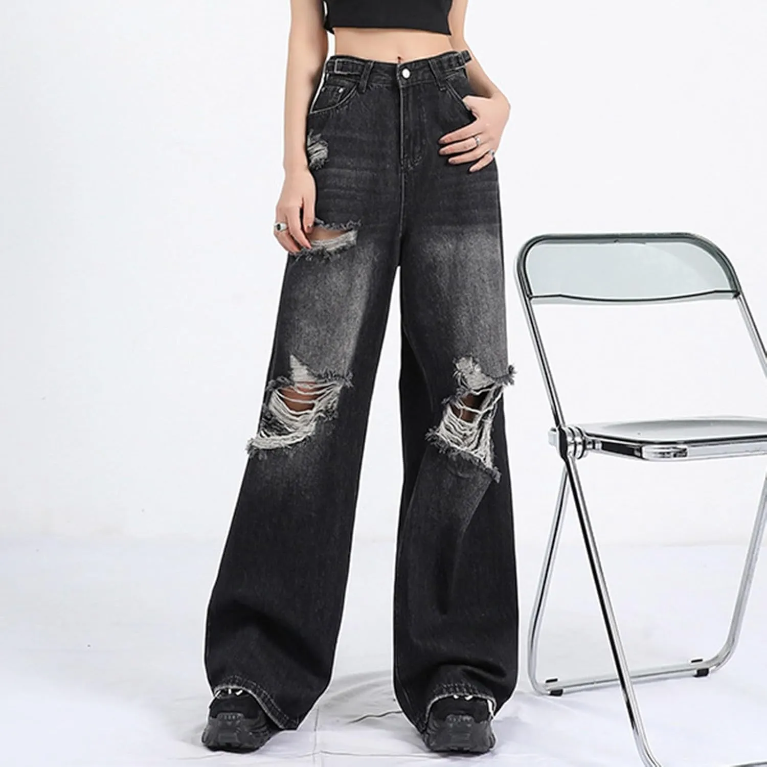 sdbrld Jeans for Women Baggy,Womens Mid Rise Jeans Wide Leg Loose Boyfriend Denim Harem Cropped Pant Vintage Barrel Jeans Y2k
