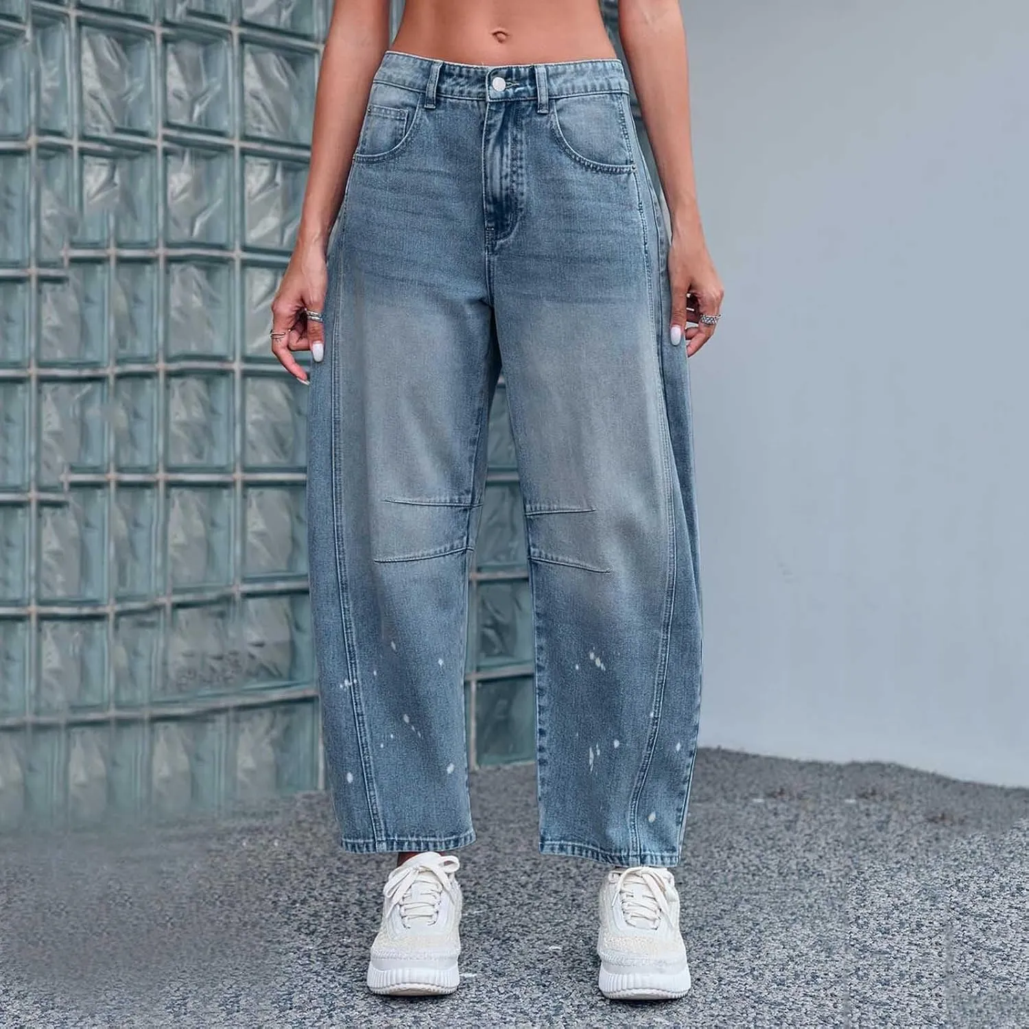 sdbrld Jeans for Women Trendy,Womens Baggy Mid Rise Jeans Wide Leg Boyfriend Denim Harem Crop Pants Vintage Barrel Jeans Y2k