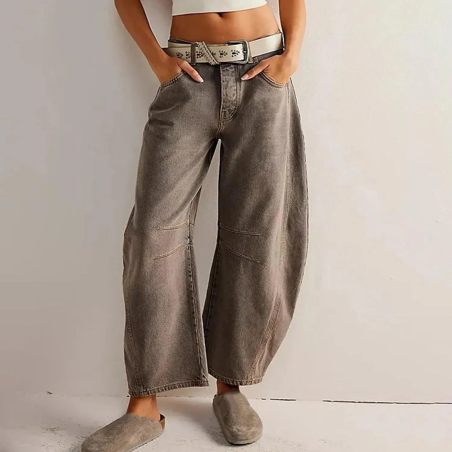 sdbrld Jeans for Women Trendy,Womens Baggy Mid Rise Jeans Wide Leg Boyfriend Denim Harem Crop Pants Vintage Barrel Jeans Y2k