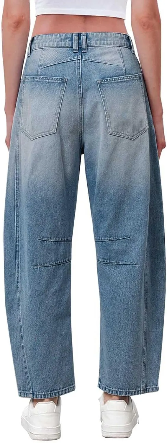 sdbrld Jeans for Women Trendy,Womens Baggy Mid Rise Jeans Wide Leg Boyfriend Denim Harem Crop Pants Vintage Barrel Jeans Y2k