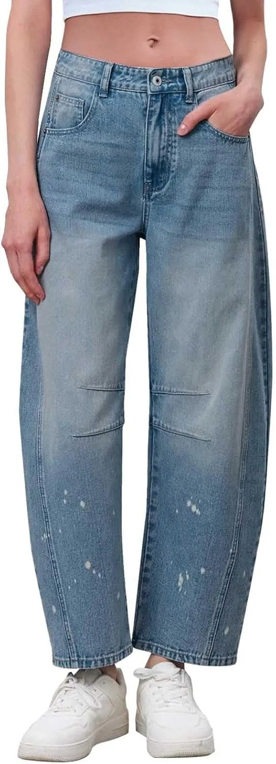 sdbrld Jeans for Women Trendy,Womens Baggy Mid Rise Jeans Wide Leg Boyfriend Denim Harem Crop Pants Vintage Barrel Jeans Y2k