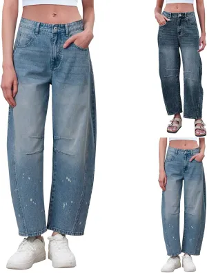 sdbrld Jeans for Women Trendy,Womens Baggy Mid Rise Jeans Wide Leg Boyfriend Denim Harem Crop Pants Vintage Barrel Jeans Y2k