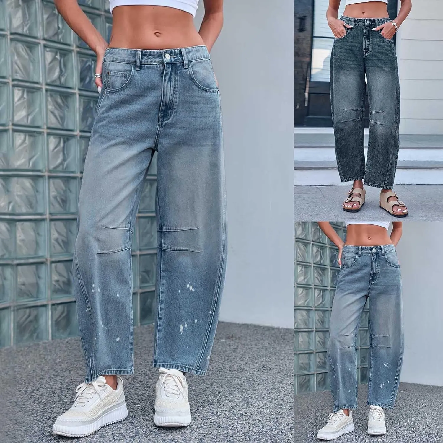 sdbrld Jeans for Women Trendy,Womens Baggy Mid Rise Jeans Wide Leg Boyfriend Denim Harem Crop Pants Vintage Barrel Jeans Y2k