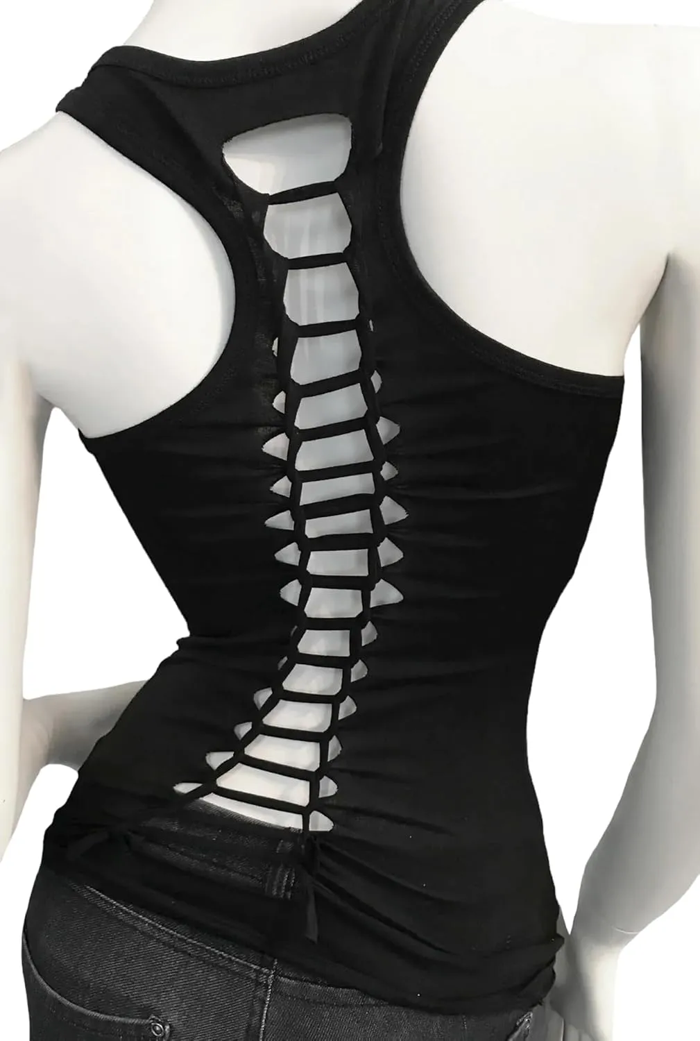 Sexy Biker Tattoo Skull Tee Motorcyle Graphic Rock Racerback Cutout Slashed Tank Top