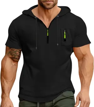 Short Sleeve Hoodie For Men Tactical Street Gym Lightweight Hooded Sweatshirt Drawstring Pullover Workout Tops