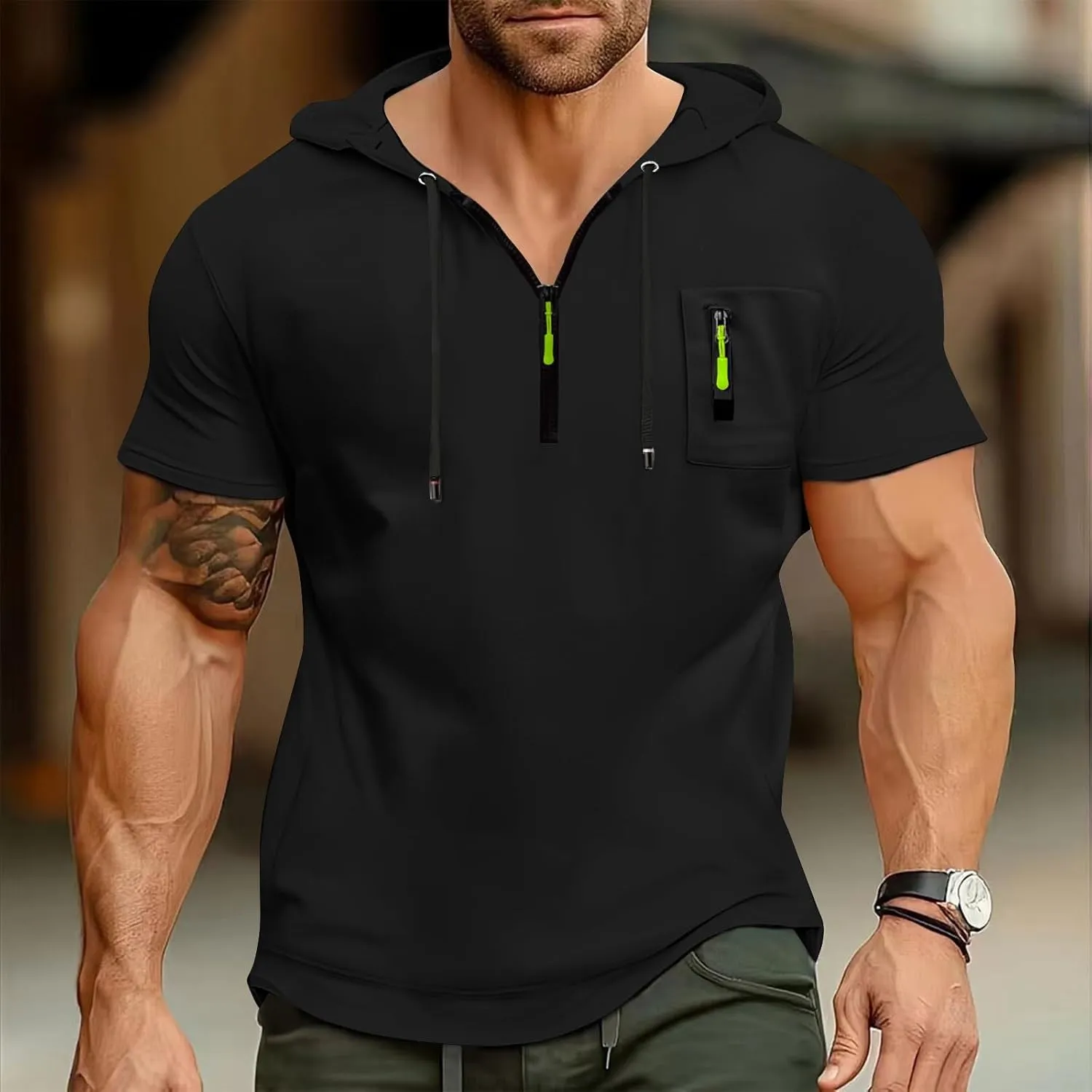 Short Sleeve Hoodie For Men Tactical Street Gym Lightweight Hooded Sweatshirt Drawstring Pullover Workout Tops