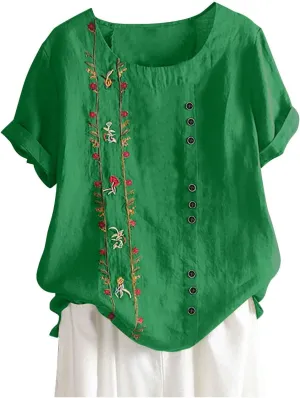 Short Sleeve Linen Shirts for Women Floral Graphic Tees Plus Size Summer Tops Casual Crewneck Tshirts