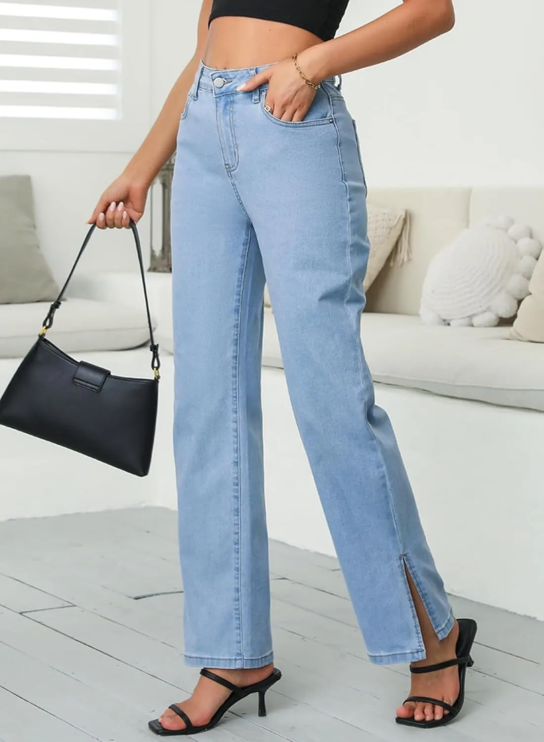 Sidefeel Women's Jeans Wide Leg High Waisted Jeans Stretchy Straight Leg Denim Pants