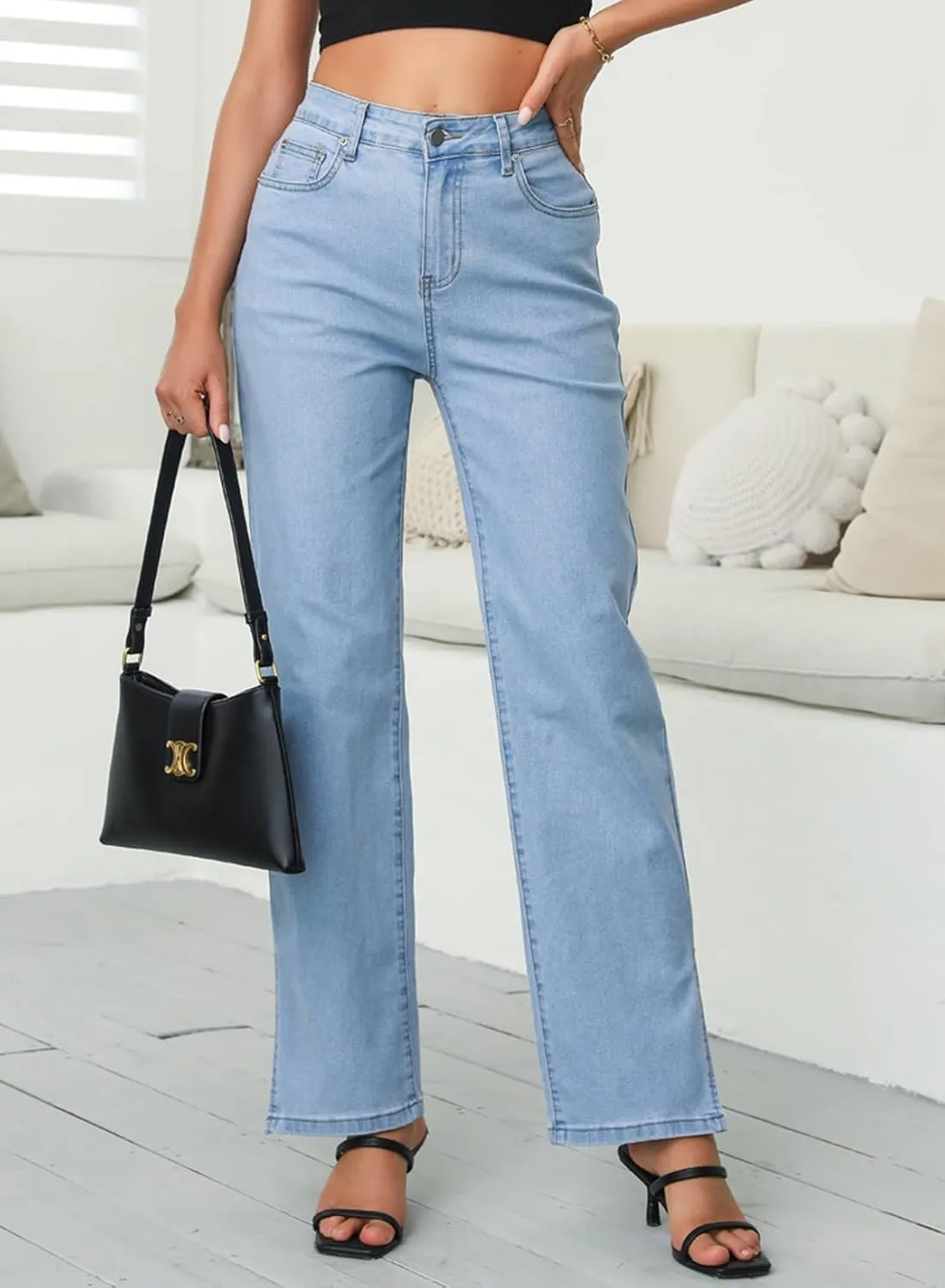 Sidefeel Women's Jeans Wide Leg High Waisted Jeans Stretchy Straight Leg Denim Pants