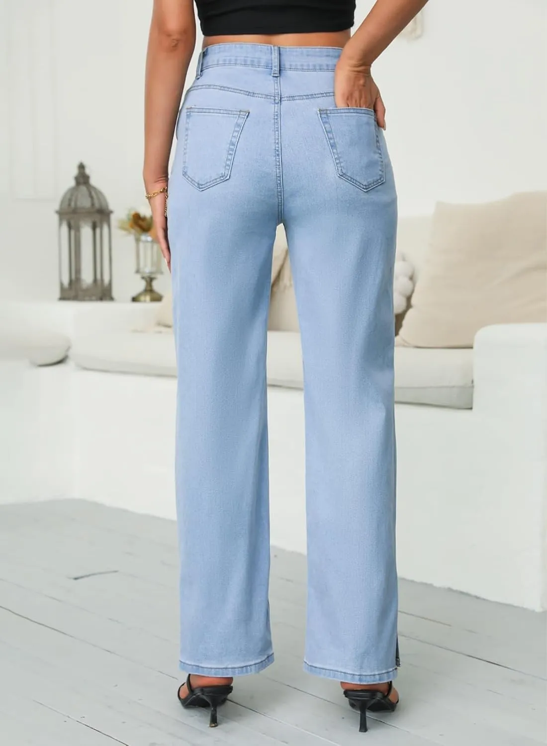 Sidefeel Women's Jeans Wide Leg High Waisted Jeans Stretchy Straight Leg Denim Pants