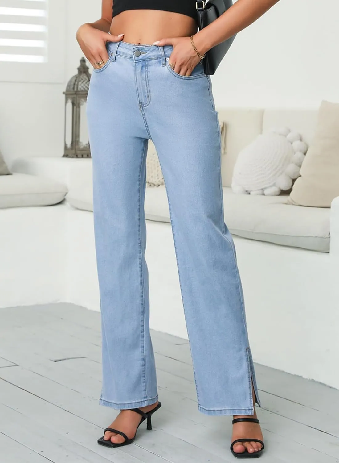 Sidefeel Women's Jeans Wide Leg High Waisted Jeans Stretchy Straight Leg Denim Pants