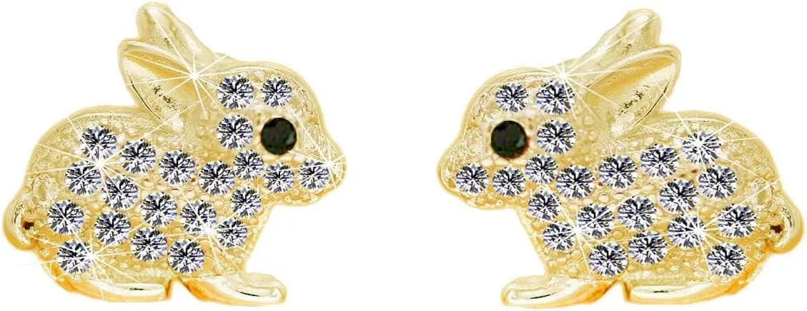 silver earrings for women, rose gold Sterling Silver pave Zircons cute rabbit Easter bunny stud earrings For Women Girls kids, birthday Gift
