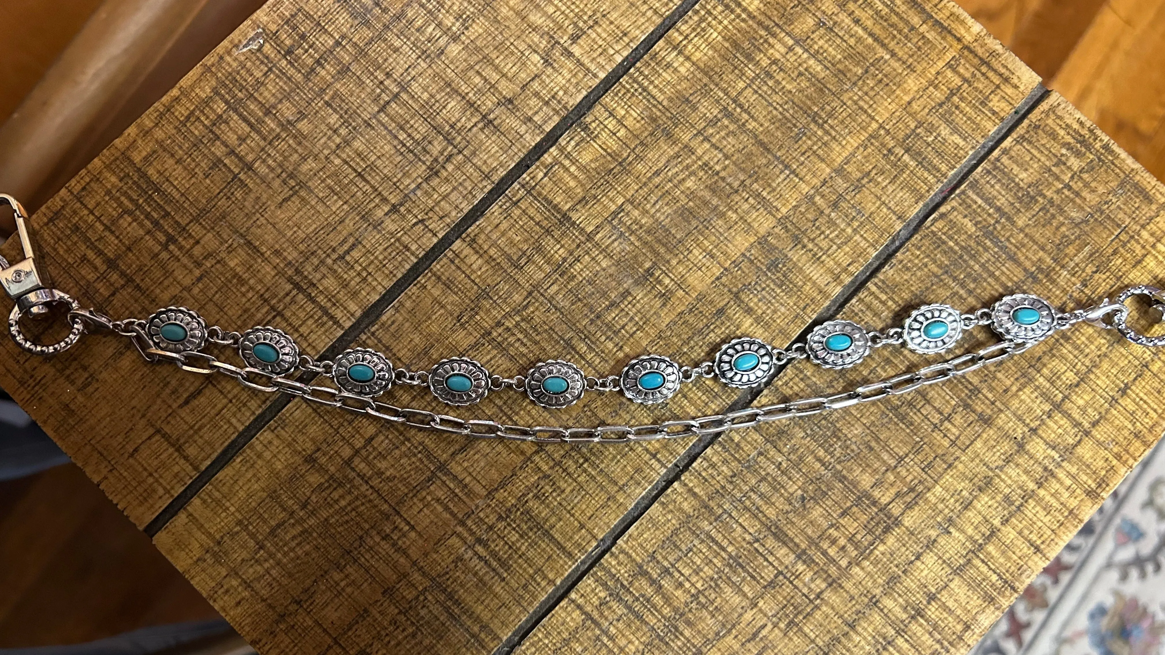 Silver Oval Charm Strap with Turquoise Accents  Boho-Chic Style