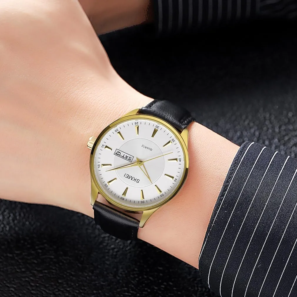 SKMEI Watches for Men Black Leather Fashion Business Dress Classic Casual Simple Analog Waterproof Elegant Dad Fathers Gifts Gold Wrist Watch
