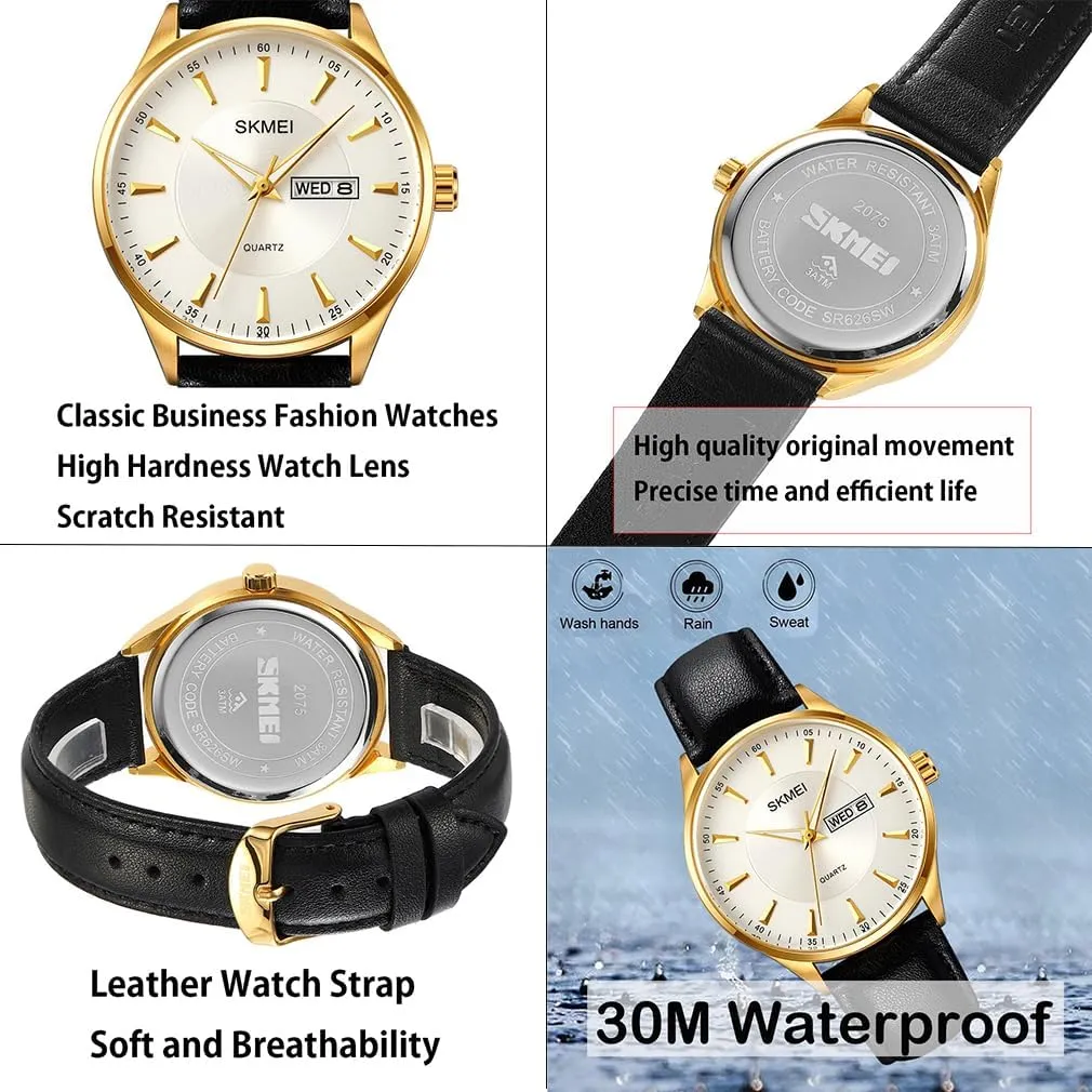 SKMEI Watches for Men Black Leather Fashion Business Dress Classic Casual Simple Analog Waterproof Elegant Dad Fathers Gifts Gold Wrist Watch